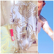 Load image into Gallery viewer, UPF Rashguard: Sunset Palms surfsuit / swimsuit (S-L) cream white chill beige sun-kissed khaki beach pool surf swim women feminine modest
