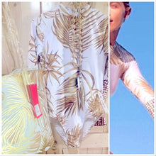 Load image into Gallery viewer, S - XL UPF Rashguard Sunset Palms surfsuit swimsuit cream white chill beige sun-kissed khaki beach pool surf swim women feminine modest one-piece