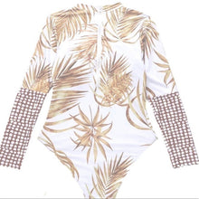 Load image into Gallery viewer, UPF Rashguard: Sunset Palms surfsuit / swimsuit (S-L) cream white chill beige sun-kissed khaki beach pool surf swim women feminine modest