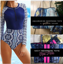 Load image into Gallery viewer, UPF longsleeve swimsuit Le Bleu Rashguard surfsuit navy blue white modest swim surf snorkel paddle womens cruise resort paddle board 2024