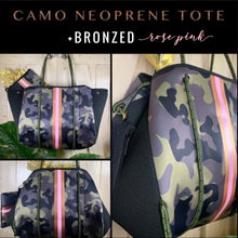 Load image into Gallery viewer, new Neoprene Tote Bag grey / gray Camo + metallic silver & hot pink racing stripes ( + various racer checks / deer / leopard / cheetah )