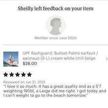 Load image into Gallery viewer, UPF Rashguard: Sunset Palms surfsuit / swimsuit (S-L) cream white chill beige sun-kissed khaki beach pool surf swim women feminine modest