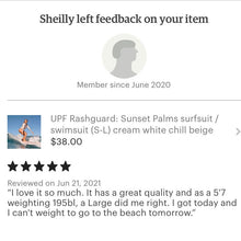 Load image into Gallery viewer, S - XL UPF Rashguard Sunset Palms surfsuit swimsuit cream white chill beige sun-kissed khaki beach pool surf swim women feminine modest one-piece
