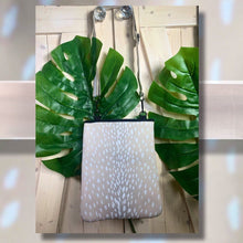 Load image into Gallery viewer, crossbody: Ivory Doe light beige NEOPRENE messenger bag / purse + white deer speckled print w/ adjustable racing stripe shoulder strap