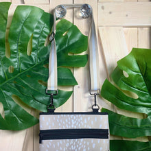 Load image into Gallery viewer, crossbody: Ivory Doe light beige NEOPRENE messenger bag / purse + white deer speckled print w/ adjustable racing stripe shoulder strap