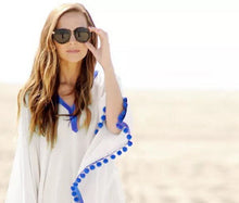 Load image into Gallery viewer, La Playa POM: Cover Up / Swim Wrap - white chiffon + blue pom - one size fits S -XL