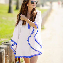 Load image into Gallery viewer, La Playa POM: Cover Up / Swim Wrap - white chiffon + blue pom - one size fits S -XL