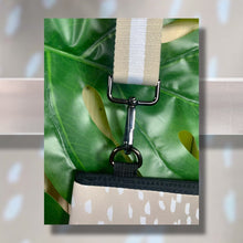 Load image into Gallery viewer, crossbody: Ivory Doe light beige NEOPRENE messenger bag / purse + white deer speckled print w/ adjustable racing stripe shoulder strap