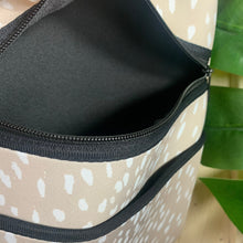 Load image into Gallery viewer, crossbody: Ivory Doe light beige NEOPRENE messenger bag / purse + white deer speckled print w/ adjustable racing stripe shoulder strap