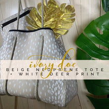 Load image into Gallery viewer, crossbody: Ivory Doe light beige NEOPRENE messenger bag / purse + white deer speckled print w/ adjustable racing stripe shoulder strap