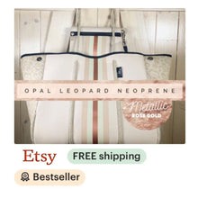 Load image into Gallery viewer, NWT © Onyx Leopard 2.0 black neoprene Tote w/ dark leopard & taupe sides + metallic gold and rose-gold racing stripes ( bright gold lining )