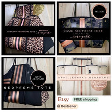 Load image into Gallery viewer, new Neoprene Tote Navy blue Camo + hot pink racing stripes + various: grey gray silver /aquamarine geode / pink/ Cheetah Leopard Deer