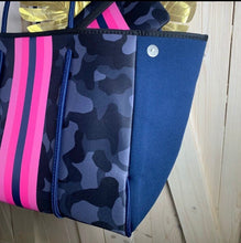 Load image into Gallery viewer, new Neoprene Tote Navy blue Camo + hot pink racing stripes + various: grey gray silver /aquamarine geode / pink/ Cheetah Leopard Deer