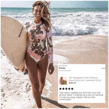 Load image into Gallery viewer, UPF Rashguard Pink Hibiscus - Aqua Palms surfsuit swimsuit (S-XL) white pink peach aqua mint beach pool surf swim women feminine modest