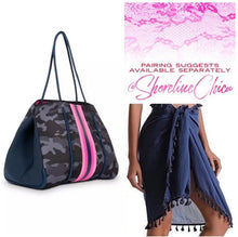 Load image into Gallery viewer, new Neoprene Tote Navy blue Camo + hot pink racing stripes + various: grey gray silver /aquamarine geode / pink/ Cheetah Leopard Deer