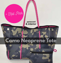 Load image into Gallery viewer, new Neoprene Tote Navy blue Camo + hot pink racing stripes + various: grey gray silver /aquamarine geode / pink/ Cheetah Leopard Deer