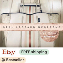 Load image into Gallery viewer, © Opal Leopard Rose 2.0 TOTE smooth cream neoprene bag + shabby mint & chic metallic rose gold stripes waterproof birthday bridal shower gift holiday present purse Best Seller 5 Star