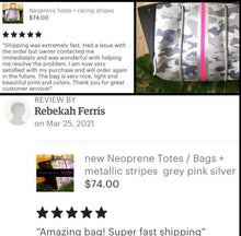 Load image into Gallery viewer, new Neoprene Tote Bag grey / gray Camo + metallic silver & hot pink racing stripes ( + various racer checks / deer / leopard / cheetah )