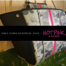 Load image into Gallery viewer, new Neoprene Tote Bag grey / gray Camo + metallic silver & hot pink racing stripes ( + various racer checks / deer / leopard / cheetah )