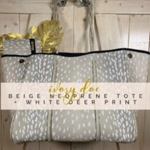 Load image into Gallery viewer, © Opal Leopard Rose 2.0 TOTE smooth cream neoprene bag + shabby mint & chic metallic rose gold stripes waterproof birthday bridal shower gift holiday present purse Best Seller 5 Star