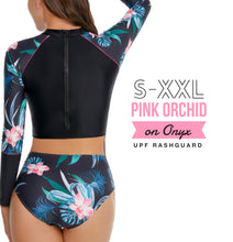 Load image into Gallery viewer, S-XXL UPF Rashguard Pink Orchid on Onyx swimsuit black pink turquoise modest surf swim pool beach women ladies