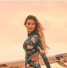 Load image into Gallery viewer, S-XXL UPF Rashguard Pink Orchid on Onyx swimsuit black pink turquoise modest surf swim pool beach women ladies