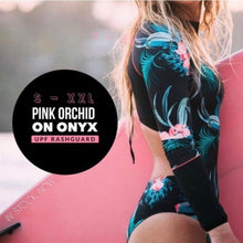 Load image into Gallery viewer, S-XXL UPF Rashguard Pink Orchid on Onyx swimsuit black pink turquoise modest surf swim pool beach women ladies