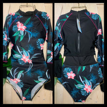 Load image into Gallery viewer, S-XXL UPF Rashguard Pink Orchid on Onyx swimsuit black pink turquoise modest surf swim pool beach women ladies