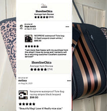 Load image into Gallery viewer, NWT © Onyx Leopard 2.0 black neoprene Tote w/ dark leopard & taupe sides + metallic gold and rose-gold racing stripes ( bright gold lining )