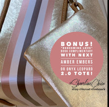 Load image into Gallery viewer, NWT © Amber Embers smooth blushed bronze lit metallic neoprene TOTE w auburn fawn snap sides + rouged amber & chocolate brown racing stripe