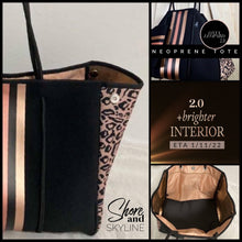 Load image into Gallery viewer, © Opal Leopard Rose 2.0 TOTE smooth cream neoprene bag + shabby mint & chic metallic rose gold stripes waterproof birthday bridal shower gift holiday present purse Best Seller 5 Star