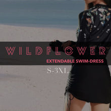 Load image into Gallery viewer, swim-dress HYBRID WILDFLOWER black yellow or white 2-pc rashguard top gathers over mid-rise brief or extends swimsuit into upf 50 cover-up