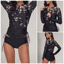 Load image into Gallery viewer, swim-dress HYBRID 2-pc swimsuit rash-guard top dress gathers extends over modest mid-rise brief black yellow wildflower or white noise upf
