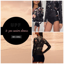 Load image into Gallery viewer, swim-dress HYBRID 2-pc swimsuit rash-guard top dress gathers extends over modest mid-rise brief black yellow wildflower or white noise upf