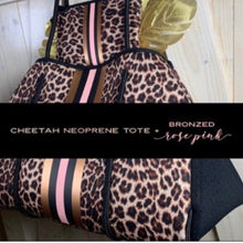 Load image into Gallery viewer, NWT © Amber Embers smooth blushed bronze lit metallic neoprene TOTE w auburn fawn snap sides + rouged amber & chocolate brown racing stripe