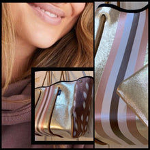 Load image into Gallery viewer, NWT © Amber Embers smooth blushed bronze lit metallic neoprene TOTE w auburn fawn snap sides + rouged amber & chocolate brown racing stripe