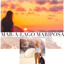 Load image into Gallery viewer, S-2XL surf-crop swimsuit Mar-a-Lago Mariposa 2-pc UPF surfsuit bikini rashguard black & neon hot pink top w/ butterflies hibiscus bikini side-tie