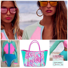 Load image into Gallery viewer, Sherbet Swim 2 variations longsleeve rashguard or halter one-piece sleeveless swimsuit - both bright pastel pink blue aqua neon colorblock