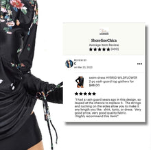 Load image into Gallery viewer, swim-dress HYBRID WILDFLOWER black yellow or white 2-pc rashguard top gathers over mid-rise brief or extends swimsuit into upf 50 cover-up