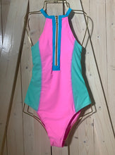 Load image into Gallery viewer, Sherbet Swim 2 variations longsleeve rashguard or halter one-piece sleeveless swimsuit - both bright pastel pink blue aqua neon colorblock