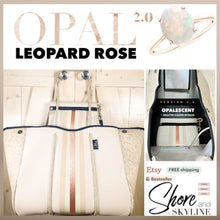 Load image into Gallery viewer, NWT Opal Leopard Rose 2.0 TOTE smooth ivory cream neoprene bag +shabby mint & chic metallic rose gold racing stripes + opalescent interior