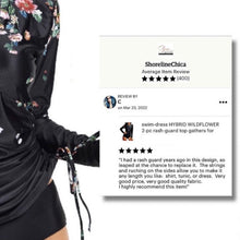 Load image into Gallery viewer, swim-dress HYBRID WILDFLOWER 2-pc rash-guard top gathers for modest fit over black mid-rise brief or extends swimsuit over curves upf 50