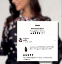 Load image into Gallery viewer, swim-dress HYBRID WILDFLOWER 2-pc rash-guard top gathers for modest fit over black mid-rise brief or extends swimsuit over curves upf 50