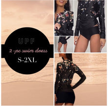 Load image into Gallery viewer, swim-dress HYBRID WILDFLOWER 2-pc rash-guard top gathers for modest fit over black mid-rise brief or extends swimsuit over curves upf 50