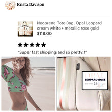 Load image into Gallery viewer, NWT Opal Leopard Rose 2.0 TOTE smooth ivory cream neoprene bag +shabby mint & chic metallic rose gold racing stripes + opalescent interior
