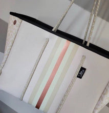 Load image into Gallery viewer, NWT Opal Leopard Rose 2.0 TOTE smooth ivory cream neoprene bag +shabby mint & chic metallic rose gold racing stripes + opalescent interior