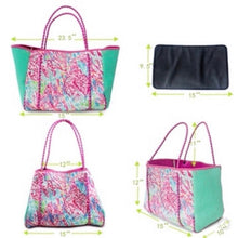 Load image into Gallery viewer, new Pink Coral Reef Neoprene Tote waterproof bag hot pink paracords & interior + aqua turquoise sides w baseboard rain snow shore 2023