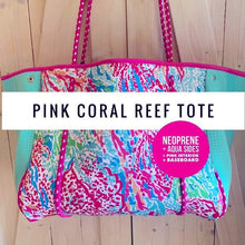 Load image into Gallery viewer, new Pink Coral Reef Neoprene Tote waterproof bag hot pink paracords & interior + aqua turquoise sides w baseboard rain snow shore 2023