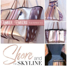 Load image into Gallery viewer, NWT Opal Leopard Rose 2.0 TOTE smooth ivory cream neoprene bag +shabby mint & chic metallic rose gold racing stripes + opalescent interior