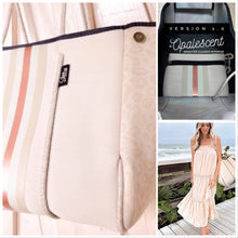 Load image into Gallery viewer, NWT Opal Leopard Rose 2.0 TOTE smooth ivory cream neoprene bag +shabby mint & chic metallic rose gold racing stripes + opalescent interior